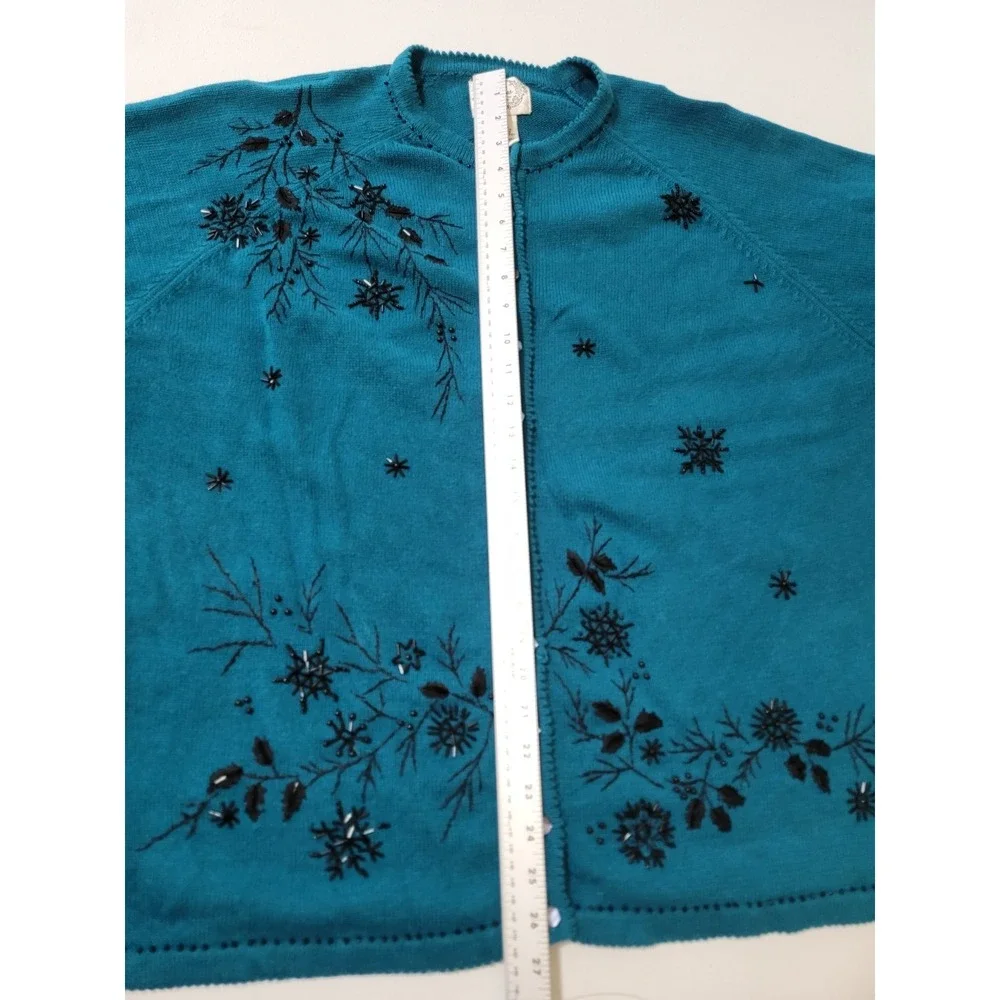 Stitches In Time Cardigan Sweater 2X Dark Turquiose Black Embellished Holiday - Picture 11 of 15